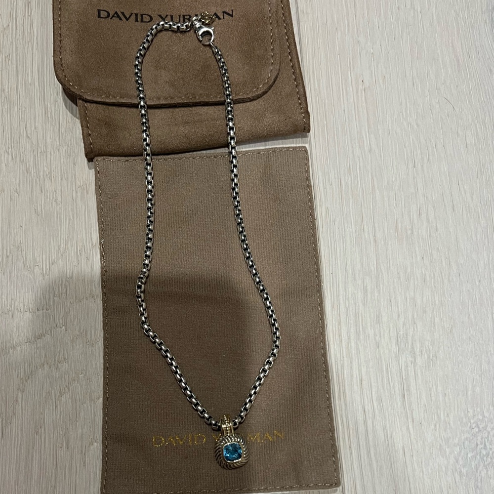 David Yurman Silver Necklace with Gold Accents and Blue topaz pendant